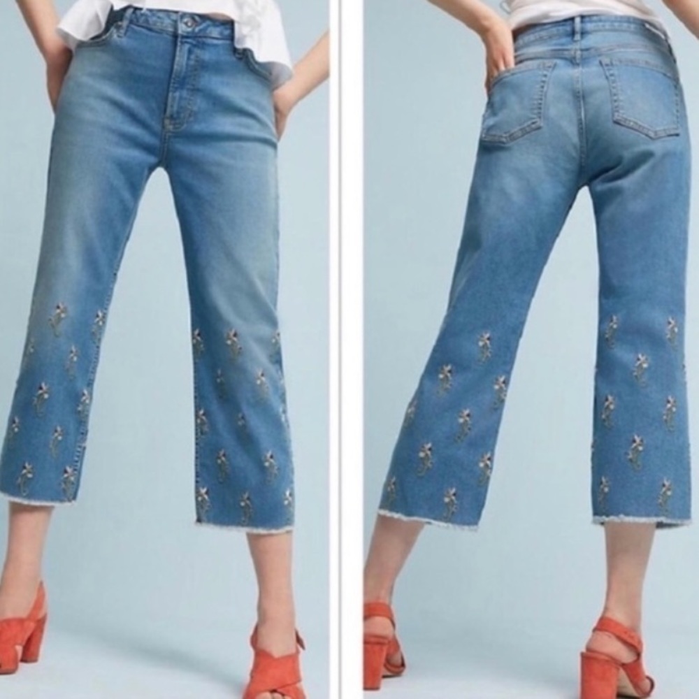 Anthropologie x Pilcro Flower Embroidered Raw Hem Jeans